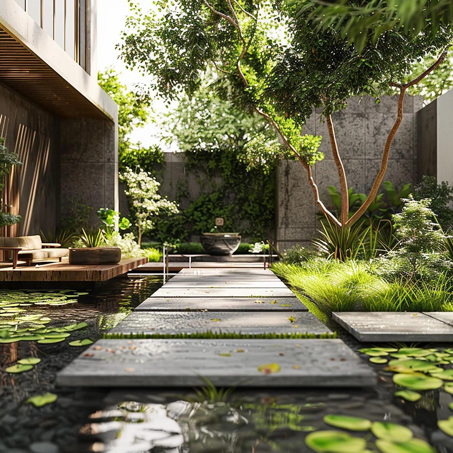 SFA Landscape Design walkway leads to a pond with water lilies and a tree